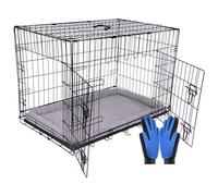 Pretty Pooch Dog Crate Cage Puppy Cat Pet Training Carrier Metal Folding with Tray Double Door and Bed With Two Grooming Gloves (XXL 48 Inch)