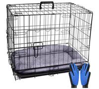 Pretty Pooch Dog Crate Cage Puppy Cat Pet Training Carrier Metal Folding with Tray Double Door and Bed With Two Grooming Gloves (Small 24 Inch)