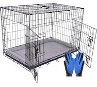 Pretty Pooch Dog Crate Cage Puppy Cat Pet Training Carrier Metal Folding with Tray Double Door and Bed With Two Grooming Gloves (Large)