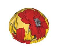 (pretty poppy flowers) Print Double Layer Waterproof Shower Cap for Long Hair - Reusable Bath Hair Protection with Elastic Band for Women Travel.