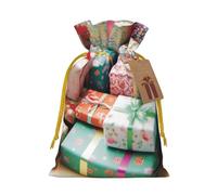 Pretty Presents Printed Christmas Drawstring Bags Reusable Xmas Bag for Party Xmas Gift Wrapping, Yellow Ribbon, S