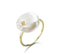 Pretty Rings, 14K Yellow Gold Ring Set with Irregular Pearl Size T 1/2