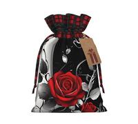 Pretty Roses Print Christmas Drawstring Linen Gift Bags Reusable Fabric Bags With Tags For Christmas Gifts