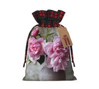 Pretty Roses Print Christmas Drawstring Linen Gift Bags Reusable Fabric Bags With Tags For Christmas Gifts