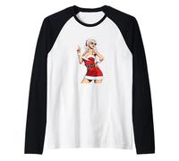 Pretty Santa Girl Costume with Sunglasses and Xmas Hat Raglan Baseball Tee