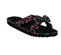 Pretty T Things Ladies Slip On Fabric Flip Flop Mules - Bow Front Mules Flip Flop Sandals Beach Summer Sandals for Ladies - UK Size 3 to 8 These are slightly small fitted (Black Flowers, numeric_4)