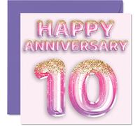 Pretty Tin Anniversary Card for Wife Girlfriend Husband Boyfriend - Pink Purple Glitter Balloons - Happy 10th Anniversary Cards from Family, 145mm Greeting Cards for Anniversaries