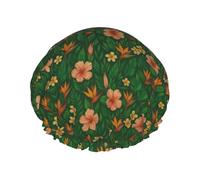 Pretty Tropical Hibiscus Leaves Shower Cap Reusable Waterproof Double Layer Elastic Hair Bath Caps For All Hair Lengths