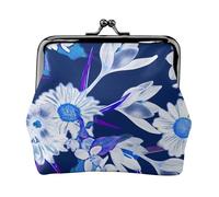 Pretty White Flowers Blue Pattern, PU Leather Coin Purse, Small Wallets, Change Pouch with Kiss Lock Clasp Buckle, Change Purse