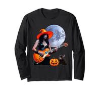 Pretty Witch Rocker Playing Electric Guitar with Cat Long Sleeve T-Shirt