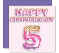 Pretty Wooden Anniversary Card for Wife Girlfriend Husband Boyfriend - Pink Purple Glitter Balloons - Happy 5th Anniversary Cards from Family, 145mm Greeting Cards for Anniversaries