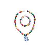 Pretty Wooden Bead Necklace & Bracelets Set, Party Bag Fillers, Unicorn Necklace with Lobster Clasp, Colourful Kids toddlers Jewellery Set for Little Girl (18 cm)