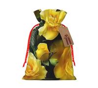 Pretty yellow rose Printed Christmas Drawstring Bags for Party Xmas Gift Wrapping, Red Christmas Ribbon, M