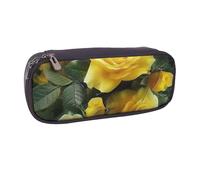 Pretty Yellow Rose Printed Pu Leather Pencil Case Box Flip Pen Bag and Makeup Cosmetic Holder for Girls Boys School Students