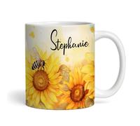 Pretty Yellow Sunflowers & Bees Name Tea Coffee Cup Custom Gift Personalised Mug |Personalised Birthday Mug | Tea Mug | Coffee Mug | Personalised Mug | Birthday Present | Cup |Custom Gift