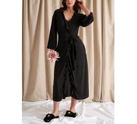 Pretty You London Women's Bamboo Frill Kimono Robe Dressing Gown in Black - M/L - Black