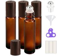 PrettyCare Essential Oil Roller Bottles 10ml (Glass Bottle, Extra Stainless Steel Roller Balls, Labels, Openers, Funnels Roller Balls For Essential Oils, Roll on Bottle, Amber with Wooden Cap, 4 Pack