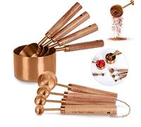 PrettyFine Collection 8 Piece Rose Gold Measuring Cups Set and Measuring Spoons, Golden With fragrant wood Handles-Complete Set of Measure Cups and Spoons For Cooking and Baking.