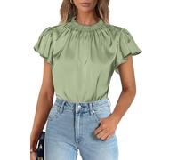PRETTYGARDEN Business Casual Tops for Women Blouses Dressy 2025 Summer Short Sleeve Ruffle Satin Work Office Attire