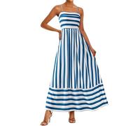 PRETTYGARDEN Summer Dresses for Women 2025 Beach Maxi Dress Spaghetti Strap Floral Boho A Line Wedding Guest Flowy Long Dress, Striped White Blue, XXL