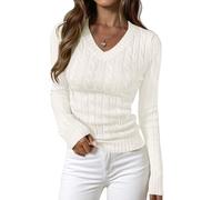 PRETTYGARDEN V Neck Cable Knit Sweaters for Women 2025 Long Sleeve Ribbed Fitted Pullover Tops Business Casual Fall Outfits, White, Small