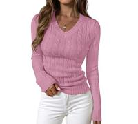 PRETTYGARDEN V Neck Cable Knit Sweaters for Women 2025 Long Sleeve Ribbed Fitted Pullover Tops Business Casual Fall Outfits, Pink, Small