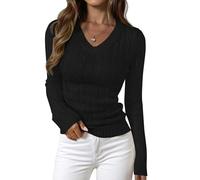 PRETTYGARDEN V Neck Cable Knit Sweaters for Women 2025 Long Sleeve Ribbed Fitted Pullover Tops Business Casual Fall Outfits, Black, Small