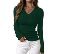 PRETTYGARDEN V Neck Cable Knit Sweaters for Women 2025 Long Sleeve Ribbed Fitted Pullover Tops Business Casual Fall Outfits, Dark Green, Small