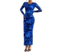PRETTYGARDEN Wedding Guest Dresses for Women Spring Long Sleeve Ruched Bodycon Floral Mesh Cocktail Party Fall Maxi Dress, Navy Blue Floral, S
