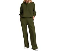 PRETTYGARDEN Women Fall 2 Piece Outfits Sweatsuits Quarter Button Long Sleeve Sweatshirt Wide Leg Pants Tracksuit Lounge Sets, Army Green, Medium