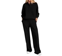 PRETTYGARDEN Women Fall 2 Piece Outfits Sweatsuits Quarter Button Long Sleeve Sweatshirt Wide Leg Pants Tracksuit Lounge Sets, Black, Large