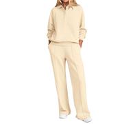 PRETTYGARDEN Women Fall 2 Piece Outfits Sweatsuits Quarter Button Long Sleeve Sweatshirt Wide Leg Pants Tracksuit Lounge Sets, Beige, Medium