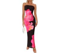 PRETTYGARDEN Women Summer Strapless Maxi Dress Bodycon Floral Sexy Long Wedding Guest Dress Formal Tube Mesh Cocktail Dresses, Black Pink Flower, XS