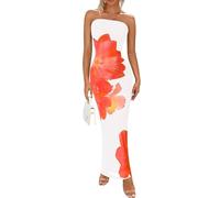 PRETTYGARDEN Women Summer Strapless Maxi Dress Bodycon Floral Sexy Long Wedding Guest Dress Formal Tube Mesh Cocktail Dresses, White Orange Floral, L