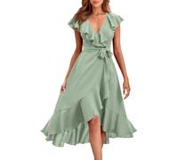 PRETTYGARDEN Women's 2023 Summer Wrap Maxi Dress Casual Boho Deep V Neck Short Sleeve Ruffle Hem Split Beach Long Dresses, Light Green, XL