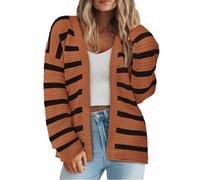 PRETTYGARDEN Women's 2024 Fall Striped Open Front Cardigan Sweaters Chunky Knit Long Sleeve Loose Trendy Winter Cardigans, Striped Brown Black, M