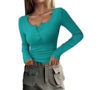 PRETTYGARDEN Women's 2025 Fall Long Sleeve Henley T Shirts Button Ribbed Knit Slim Fit Basic Tops Blouse Casual Outfits, Malachite Green, XXL