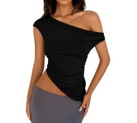 PRETTYGARDEN Womens 2025 Summer Off The Shoulder Crop Tops Sleeveless One Shoulder Ruched Asymmetrical Y2K Going Out Tank Top, Black, L