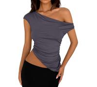 PRETTYGARDEN Womens 2025 Summer Off The Shoulder Crop Tops Sleeveless One Shoulder Ruched Asymmetrical Y2K Going Out Tank Top, Dark Grey, S