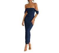 PRETTYGARDEN Womens 2025 Summer Off The Shoulder Dress Ruched Bodycon Sleeveless Split Cocktail Party Maxi Dresses, Navy, XXL
