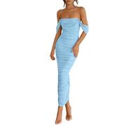 PRETTYGARDEN Womens 2025 Summer Off The Shoulder Dress Ruched Bodycon Sleeveless Split Cocktail Party Maxi Dresses, Light Blue, L
