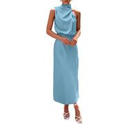 PRETTYGARDEN Women's 2025 Summer Satin Dress Elegant Sleeveless Mock Neck Cocktail Party Maxi Dresses, Light Blue, L