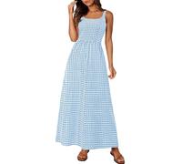PRETTYGARDEN Women's 2025 Summer Spaghetti Strap Maxi Dresses Plaid Square Neck A Line Casual Beach Vacation Long Sundress, Dusty Blue, L