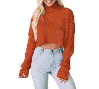 PRETTYGARDEN Women's 2026 Spring Fall Winter Turtleneck Cropped Sweater Causal Ribbed Knit Long Sleeve Pullover Jumper Tops, Rust Red, Small