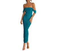 PRETTYGARDEN Womens 2026 Summer Off The Shoulder Dress Ruched Bodycon Sleeveless Split Cocktail Party Maxi Dresses, Lake Blue, L