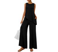 PRETTYGARDEN Women's 2026 Two Piece Matching Lounge Sets Asymmetrical Split Tank Tops Wide Leg Pants Summer Outfits Tracksuit, Black, S