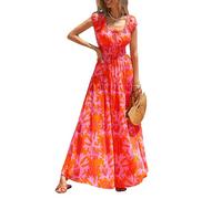 PRETTYGARDEN Women's Boho Maxi Dress 2026 Summer Cap Sleeve Long Flowy Beach Vacation Floral Sundresses Spring Resort Wear, Orange Pink Red Floral, XXL