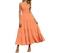 PRETTYGARDEN Women's Casual Loose Plain Maxi Sundress Smocked Tank Dress Sleeveless Summer Beach Tiered Long Dresses, Orange, S