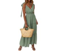 PRETTYGARDEN Women's Cross Neck Summer Sleeveless Tiered Maxi Dress Beach Tie Strap Smocked Long Dresses Pleated Sundress, Sage Green, S