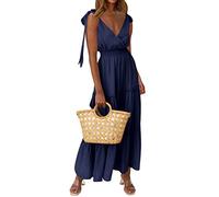 PRETTYGARDEN Women's Cross Neck Summer Sleeveless Tiered Maxi Dress Beach Tie Strap Smocked Long Dresses Pleated Sundress, Navy, M